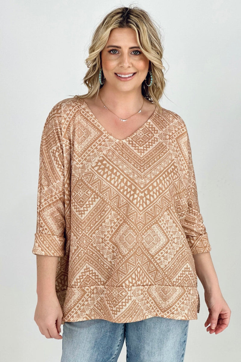 Aztec Print French Terry V Neck Top
