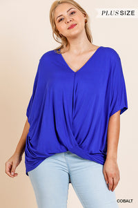 Relaxed Fit V Neck Gathered Front Hem Top