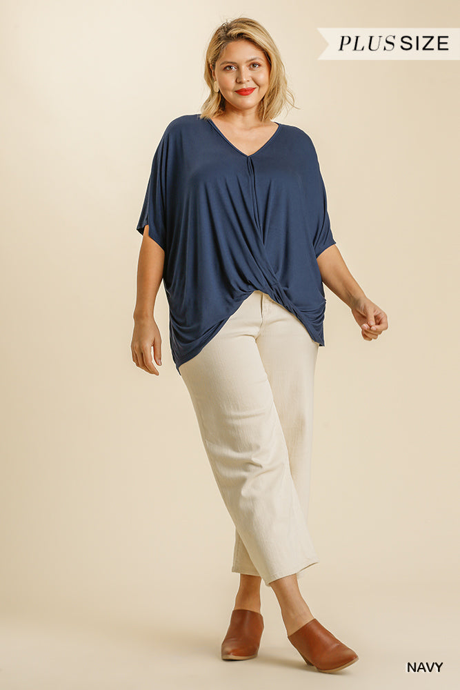 Relaxed Fit V Neck Gathered Front Hem Top