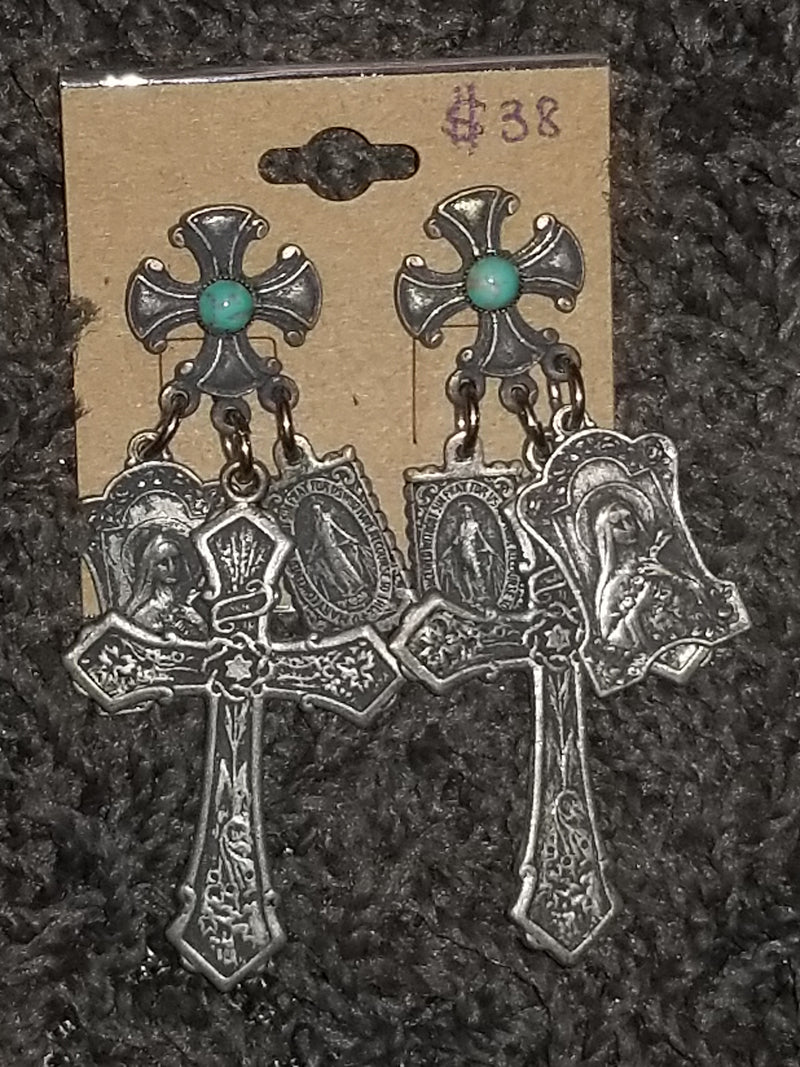 Cross Triple Dangle Earring with Turquoise Accent Earrings-Jewelry-Wild Child & Rebel Soul Boutique