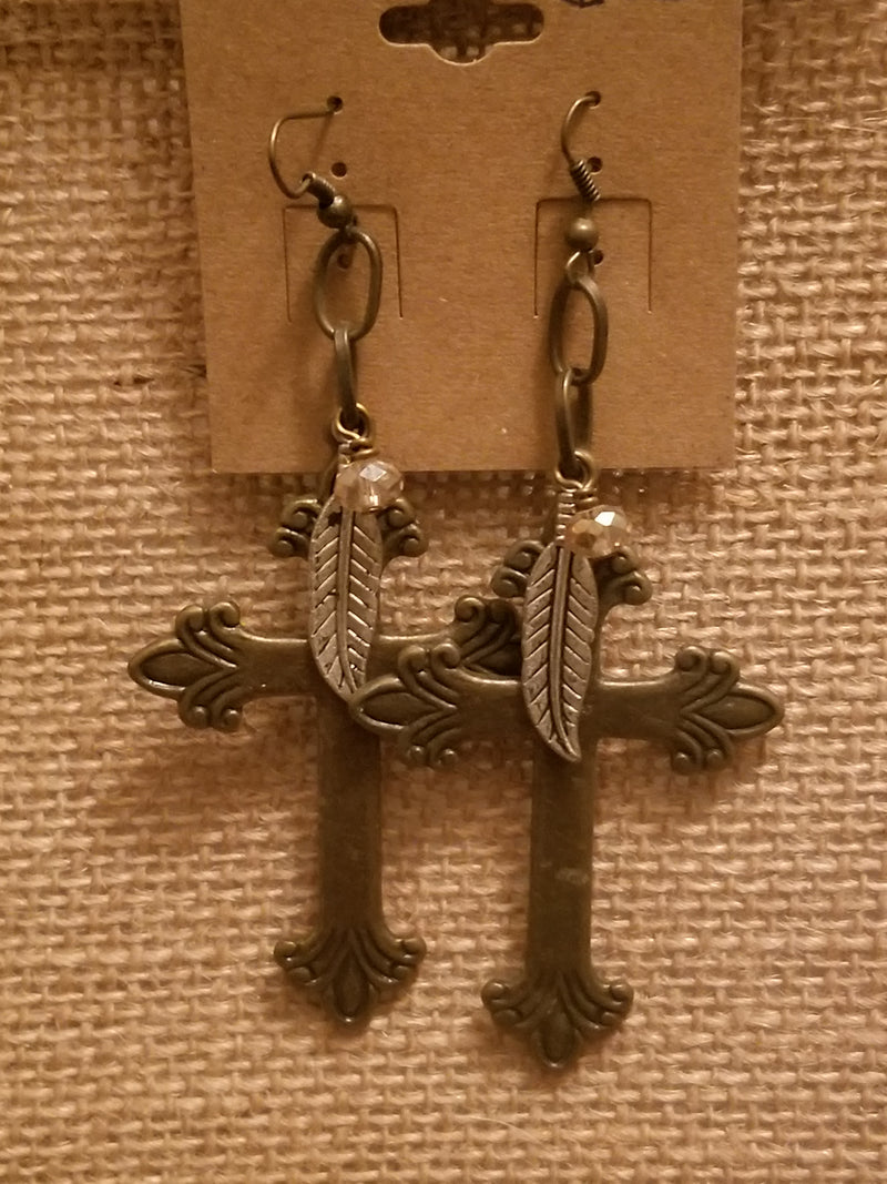 Metal Cross with Feather Accent Earrings-Jewelry-Wild Child & Rebel Soul Boutique