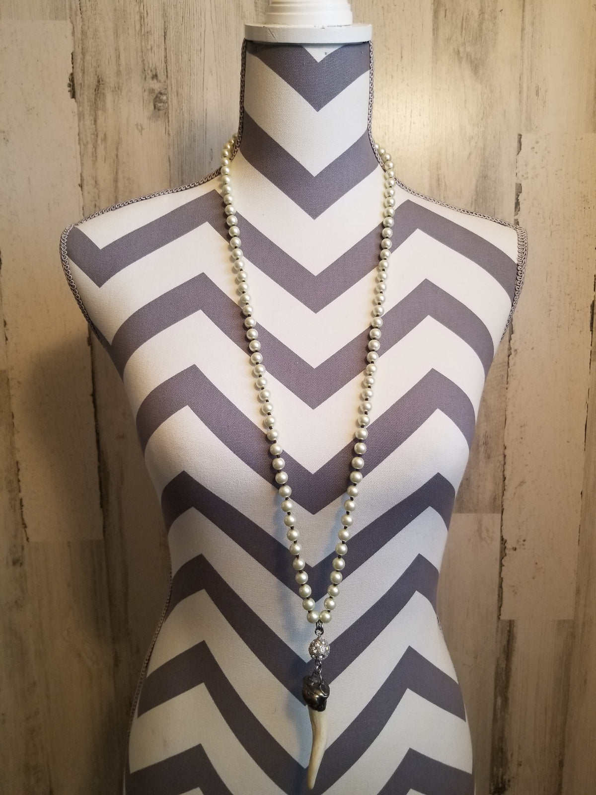 Pearl Necklace with Tooth & Rhinestone Accent-Jewelry-Wild Child & Rebel Soul Boutique