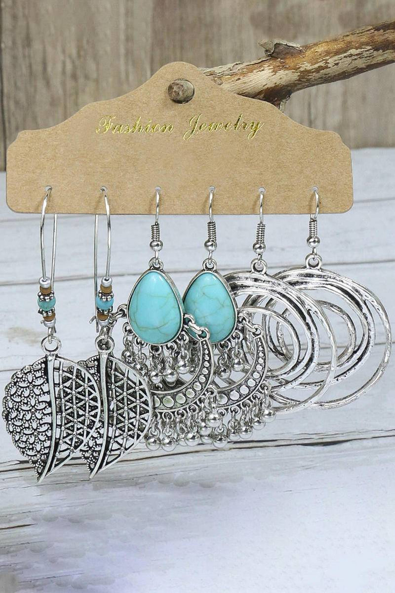 Silver Boho Turquoise Leaves Drop Earrings Set