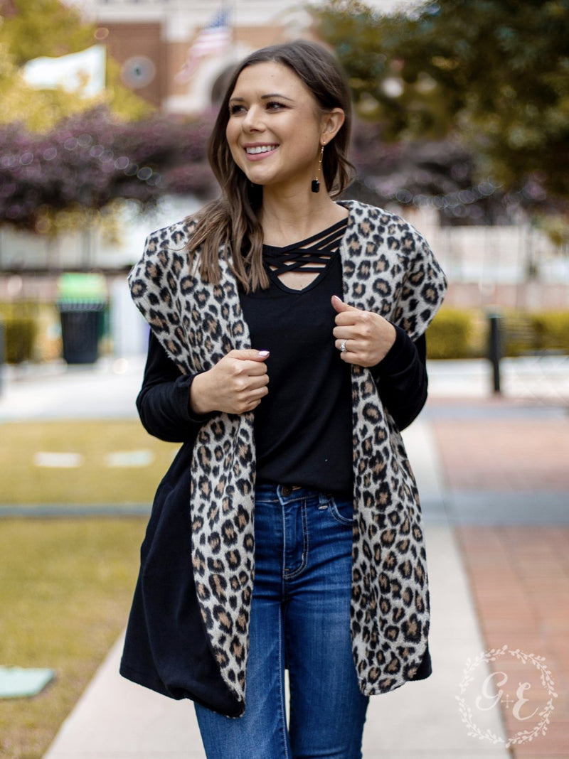 Warm & Together Black with Leopard Vest Cardigan