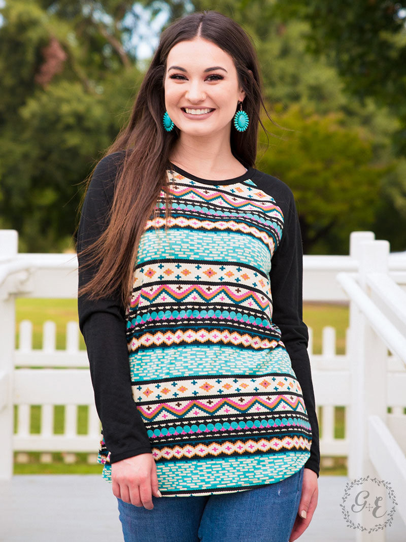 Eyes on You Long Sleeve Top with Icy Aztec Print-Tops - Plus Size-Wild Child & Rebel Soul Boutique