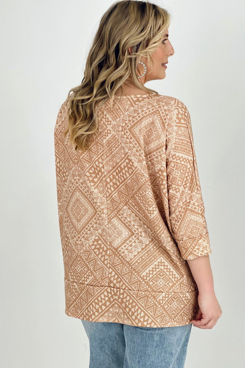 Aztec Print French Terry V Neck Top