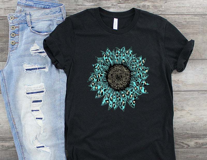 Teal Leopard Sunflower Graphic Tee-Graphic Tees-Wild Child & Rebel Soul Boutique