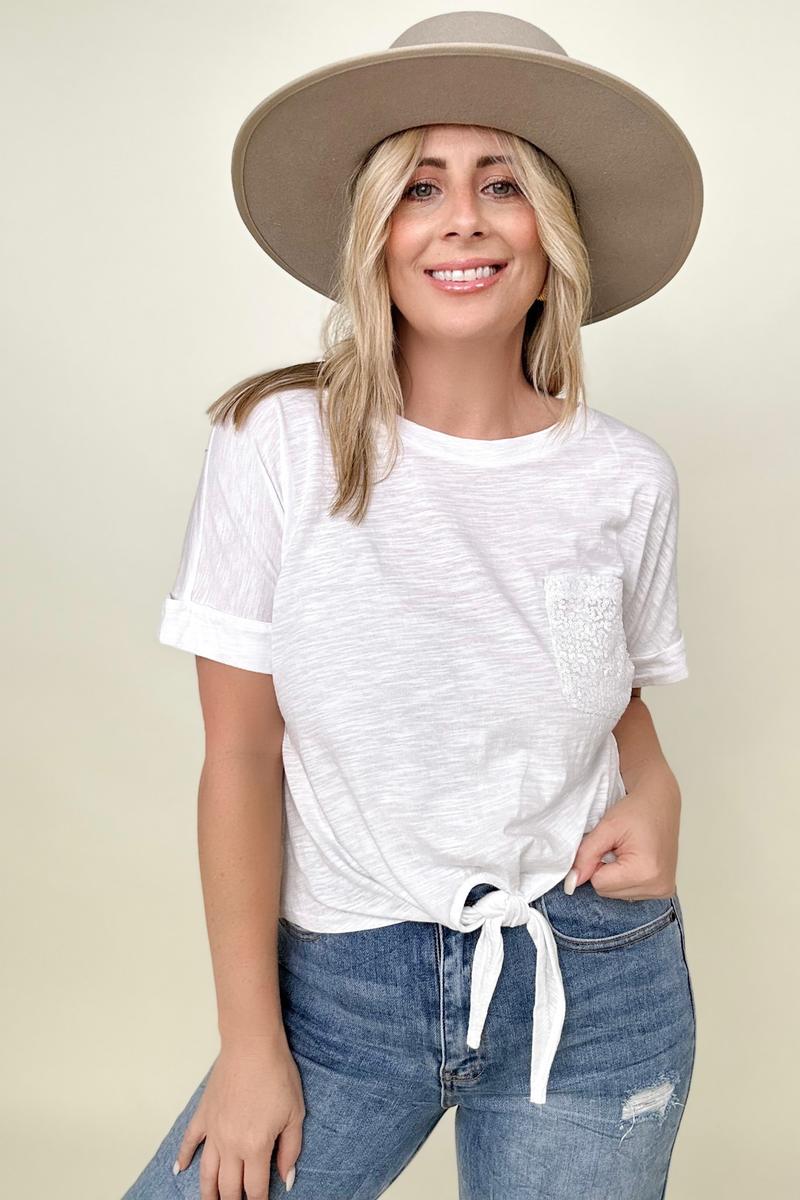 Cropped T-Shirt with Sequin Pocket and Tie Front