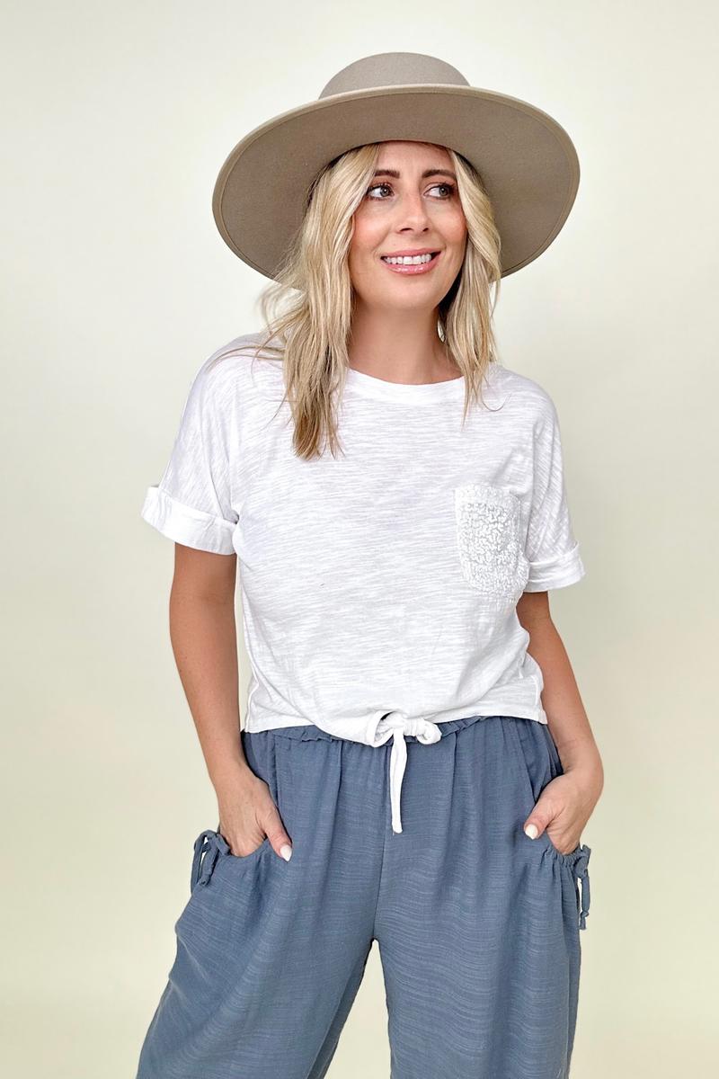 Cropped T-Shirt with Sequin Pocket and Tie Front