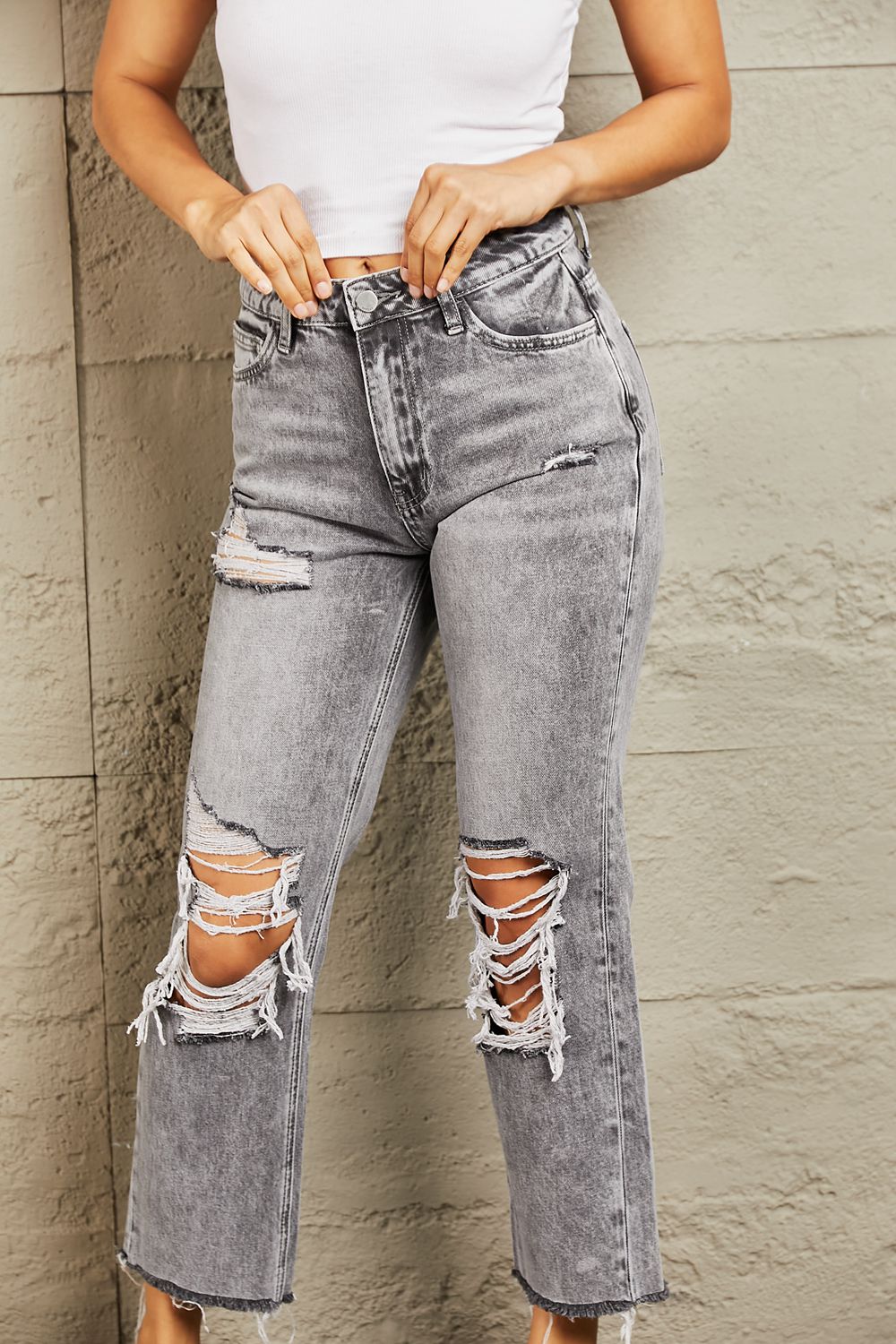 BAYEAS Acid Wash Distressed Cropped Straight Jeans