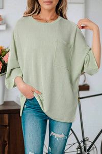 Ribbed Roll-Tab Sleeve Chest Pocket Oversize Top