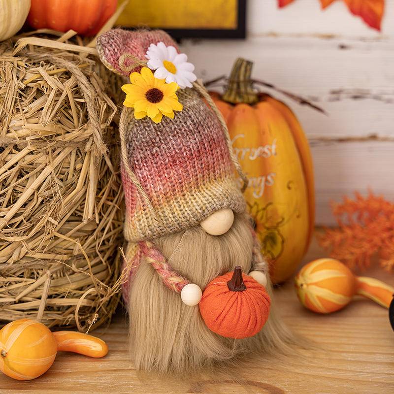 Thanksgiving Harvest Gnome Ornaments Holding A Pumpkin